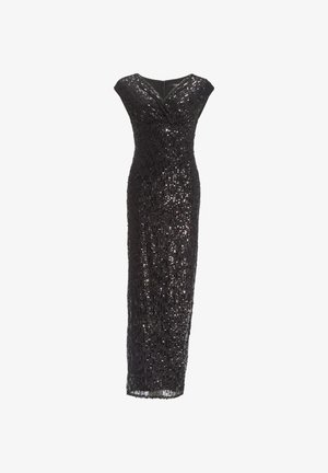 Abito da sera nero con silhouette aderente, caratterizzato da scollatura a V, maniche a cappuccio e impreziosito da paillettes per un effetto testurizzato.