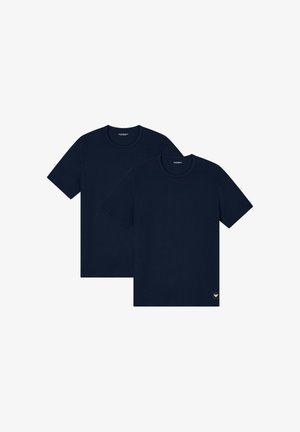 Two navy blue short-sleeve t-shirts made of cotton. Features a round neckline and a small logo tag on the bottom left side of one shirt.