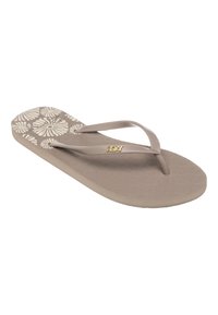 Lysbrune flip-flops med en struktureret sål, prydet med et hvidt blomstermønster. Tynde, flade, fleksible stropper med et guld logo.