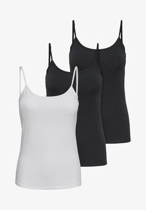 Three camisoles in black and white. The white top is in front, featuring thin adjustable straps and a soft, smooth cotton fabric.