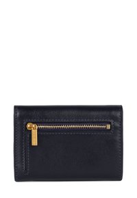 Portafoglio in pelle blu navy con una cerniera dorata, forma rettangolare, con dettagli cuciti e una superficie texture.
