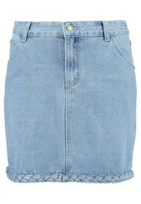 Jupe en denim bleu clair au design ajusté, avec un style à cinq poches et des accents tressés le long de l'ourlet. Matière en coton, longueur moyenne.
