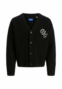 Juodas vilnos kardiganas su V-kaklu, šešiais mygtukais, raukšlėtais rankogaliais ir apačia, bei išsiuvinėtu "ORG" logotipu kairėje krūtinės pusėje.