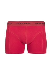 Rote Herren-Boxershorts mit Nahtdetails und elastischem Bund, versehen mit schwarzem "JACK & JONES" Branding.