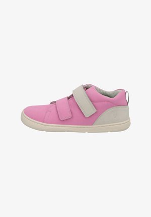 Pink suede shoes with gray accents, featuring dual Velcro straps, a rounded toe, and a cushioned mesh lining for comfort.