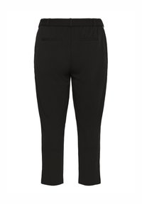 Pantalons noirs fuselés vus de dos avec passants de ceinture et deux poches passepoilées, présentés sur fond blanc.