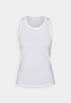 White sleeveless tank top with a crew neckline, made of lightweight material. Features a subtle logo on the chest and a smooth texture.