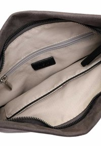 Gray suede pouch featuring a zippered closure, black accents, and a smooth beige interior with an additional zippered pocket.