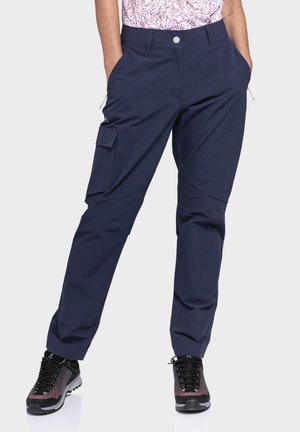 Marineblaue Cargo-Hosen aus einem strapazierfähigen Stoff mit einer figurschmeichelnden Passform, ausgestattet mit seitlichen Taschen und einem Knopfverschluss an der Taille.