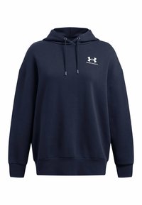 Navy modrý mikina s kapucí vyrobená z měkkého materiálu. Má klokanní kapsu a bílý logo Under Armour na hrudi. Uvolněný střih.