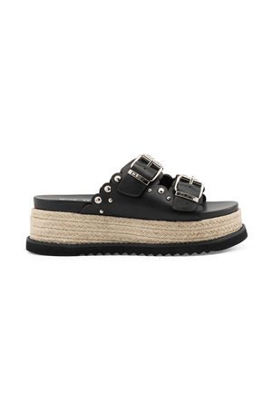 Sandalo platform nero con suola in juta intrecciata, due cinturini regolabili con fibbia e dettagli con borchie argento sui cinturini.