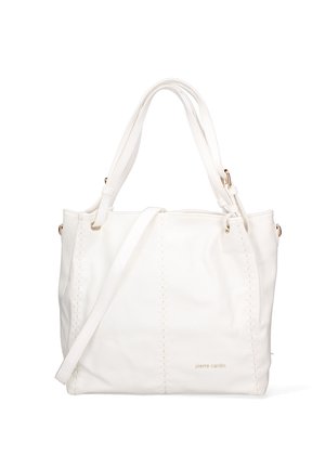 Borsa a tracolla bianca in pelle con doppi manici, tracolla regolabile, superficie testurizzata e dettagli cuciti. Presenta un logo del marchio discreto.