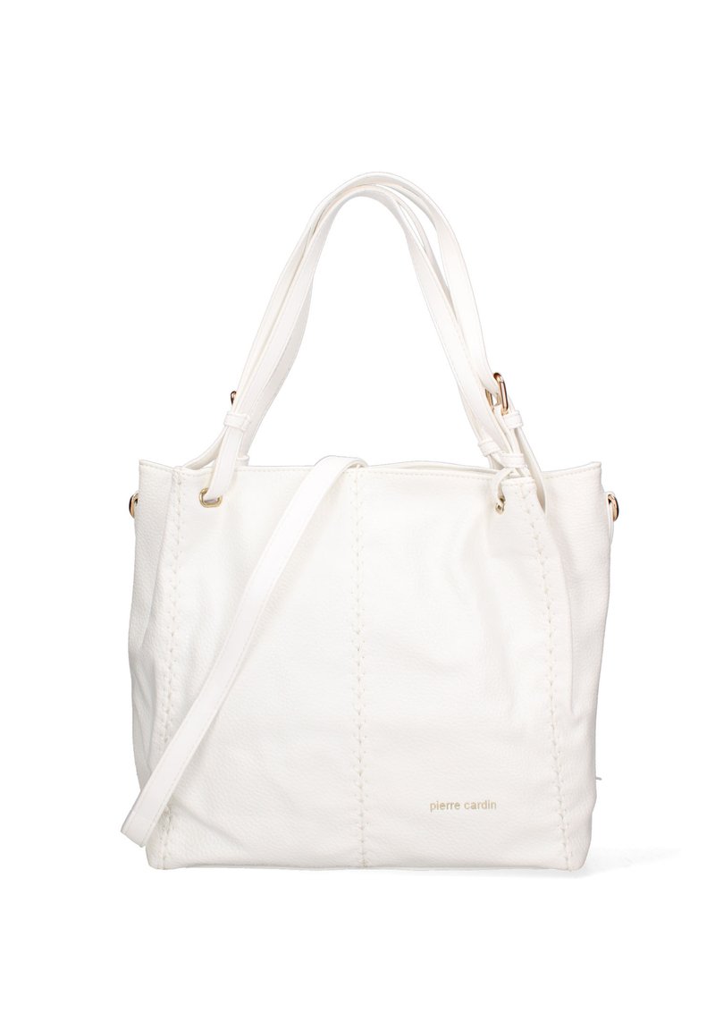 Sac à main en cuir blanc avec double poignées, bandoulière réglable, surface texturée et finitions cousues. Présente un logo de marque discret.