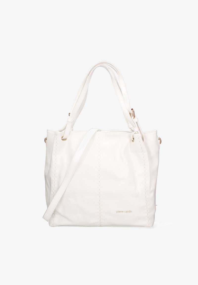 Borsa a tracolla bianca in pelle con doppi manici, tracolla regolabile, superficie testurizzata e dettagli cuciti. Presenta un logo del marchio discreto.