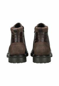 Stivaletti in pelle marrone con pannello posteriore in suede, caratterizzati da un colletto testurizzato, chiusura con zip sul retro e suola in gomma con scolpitura per una maggiore aderenza.