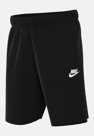 Zwarte Nike-short met elastische tailleband, gladde textuur en wit logo aan de onderlinkerzijde. Klassiek atletisch ontwerp.