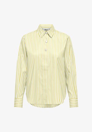 Lange mouwen gele en witte blouse met verticale strepen, een puntige kraag en drie grote knopen aan de voorkant.