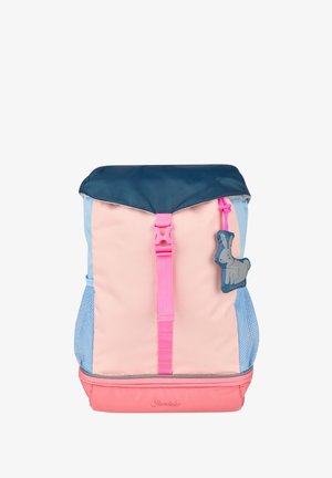 Child’s pastel pink, blue, and coral backpack with navy flap, pink buckle, side mesh pockets, and dangling bunny reflector charm.