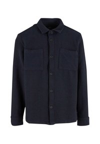 Marineblaue Knopfleiste-Bluse aus strukturiertem Stoff, mit zwei Brusttaschen, einem klassischen Kragen und langen Ärmeln mit geknöpften Manschetten.