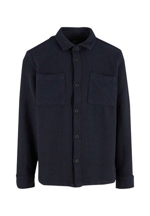 Navy blue button-up shirt made of textured fabric, featuring two chest pockets, a standard collar, and long sleeves with buttoned cuffs.