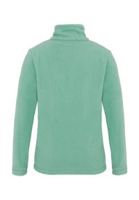 Pullover in pile verde menta, con colletto alto, maniche lunghe e una superficie morbida e texturizzata senza cuciture visibili o abbellimenti.