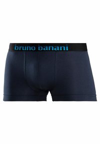 Temno modri bokserice z črnim elastičnim pasom, na katerem je blagovna znamka "bruno banani" v svetlo modri barvi. Gladek material, ozek kroj.