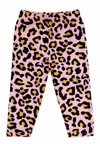 Rosafarbene Leggings mit einem schwarzen und gelben Leopardenmuster. Elastischer Bund und dehnbares Material mit glatter Textur.