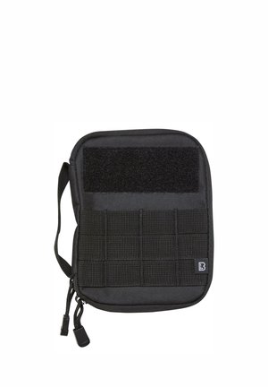 Black zippered pouch with a nylon exterior, featuring a textured front, velcro panel, and grid webbing for attachment. Ideal for storage.
