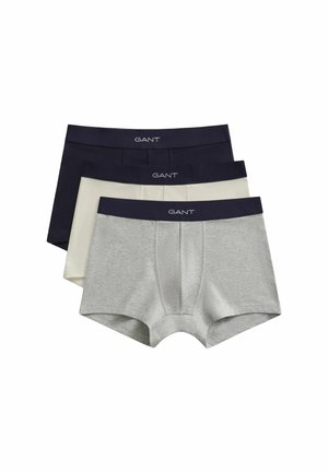 Three pairs of men's boxer briefs in navy, beige, and gray with navy waistbands featuring the GANT logo in white, stacked on a white background.