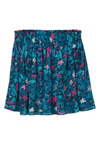 Bloemenrok met een elastische tailleband, met een blauwe achtergrond en gekleurde bloemen in roze, wit en paars. Lichtgewicht stof.