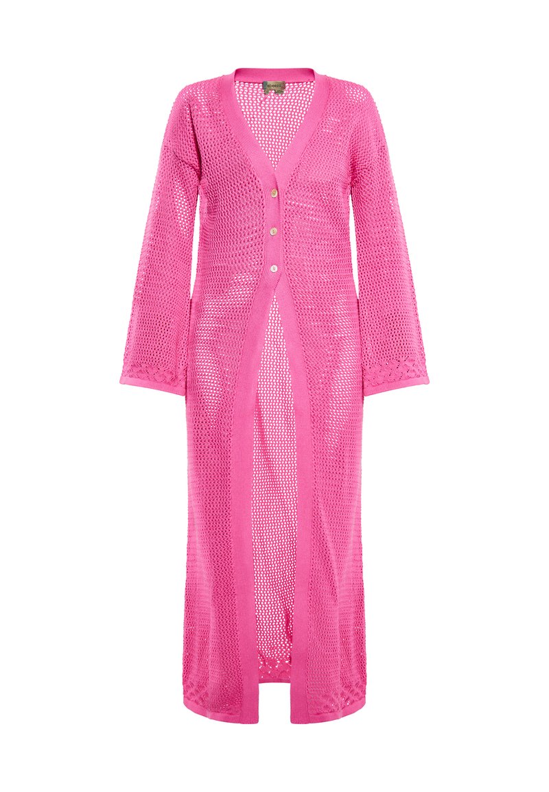 Długi kardigan zapinany z przodu, wykonany z różowego siatkowego materiału, z długimi rękawami, textured wzorem i trzema guzikami z przodu.