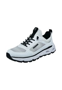 Weißer und grauer Sportschuh mit schwarzen Schnürsenkeln, dicker Sohle, atmungsaktivem Meshstoff und "Salamander"-Logo an der Seite.