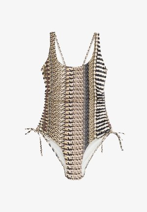 Maillot de bain une pièce avec imprimés mêlant motifs animaliers et géométriques en beige, noir et blanc, doté de fronces sur les côtés et de liens ajustables aux hanches.