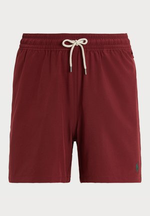 Shorts de bain bordeaux rouge en tissu léger, dotés d'une taille élastique, d'un cordon de serrage blanc et d'un petit logo brodé.