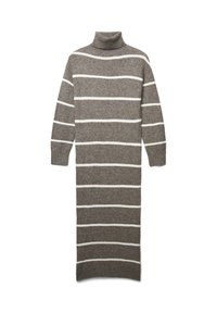 Vestito lungo grigio a maglia con collo alto, caratterizzato da strisce bianche orizzontali e maniche lunghe. Texture morbida con una vestibilità comoda.