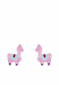 Pendientes en forma de llama rosa con acentos azules, detalle central rojo y herrajes en tono plateado. Acabado brillante y diseño juguetón.