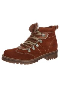 Bota de senderismo de ante marrón con ojales de metal, cordones beige, suela resistente y acentos de costura. Altura hasta el tobillo con un diseño de punta redondeada.