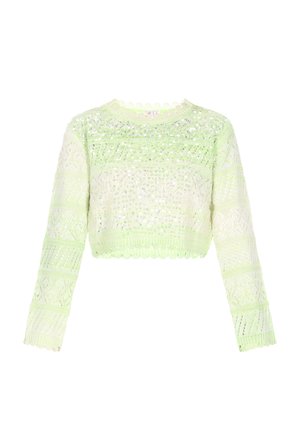 Pull court en vert clair avec un motif en tricot ouvert complexe, un col et un ourlet festonnés, et des embellissements scintillants tout au long.
