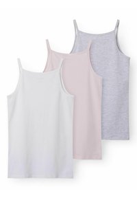 Trois débardeurs : blanc, rose pastel et gris clair. Fabriqués en coton doux, avec des fines bretelles et un design épuré et simple.