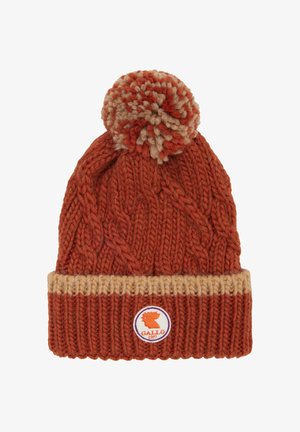 Knit beanie in orange and beige wool, featuring a cable pattern, a fold-over brim, and a pom-pom on top with a logo badge.