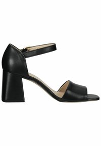 Sandales à talons blocs en cuir noir avec bout ouvert, bride à la cheville et texture lisse. Dotées d'un talon de hauteur modérée pour plus de stabilité.