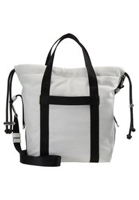 Sac cabas en cuir blanc avec poignées noires et bandoulière réglable, doté de cordons latéraux et d'un design minimaliste.
