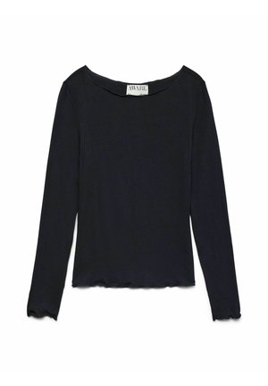Zwart shirt met lange mouwen gemaakt van zacht stof, voorzien van een ronde halslijn en een gegolfde zoom. Label met de tekst "AWARE." Gladde textuur zonder patronen.