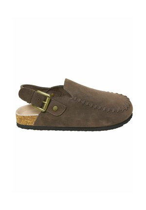 Brown suede closed-toe slip-on sandal with adjustable brass buckle strap, cork sole, and black rubber outsole.
