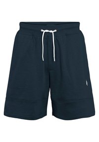 Shorts décontractés bleu marine avec taille élastique, cordon blanc, poches latérales et petit logo blanc brodé sur la jambe gauche.