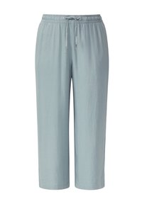 Pantalons courts bleu clair en tissu doux, dotés d'une taille élastique avec cordon de serrage et de coutures simples le long de l'ourlet.