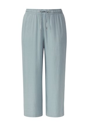 Himmelblaue, ausgestellte Hosen aus weichem Stoff, mit einem elastischen Bund und einem Kordelzug sowie einer einfachen Naht am Saum.