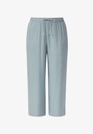 Pantalons courts bleu clair en tissu doux, dotés d'une taille élastique avec cordon de serrage et de coutures simples le long de l'ourlet.