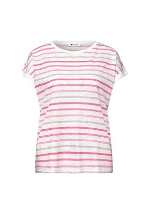 Weißes Kurzarmhemd mit aufgerollten Manschetten und horizontalen rosa und beigen Streifen, Rundhalsausschnitt und lockerem Sitz.