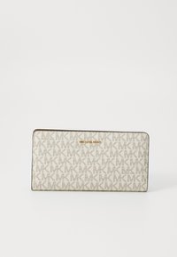 Michael Kors pénztárca, bézs vászon, ismétlődő monogramos minta, arany logó részletek, vékony téglalap alak, sima textúra.